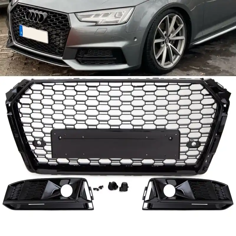 Abverkauf Front Grille Radiator honeycomb black gloss + Set fogs cover suitable for Audi A4 B9 up 2015 w/o RS4