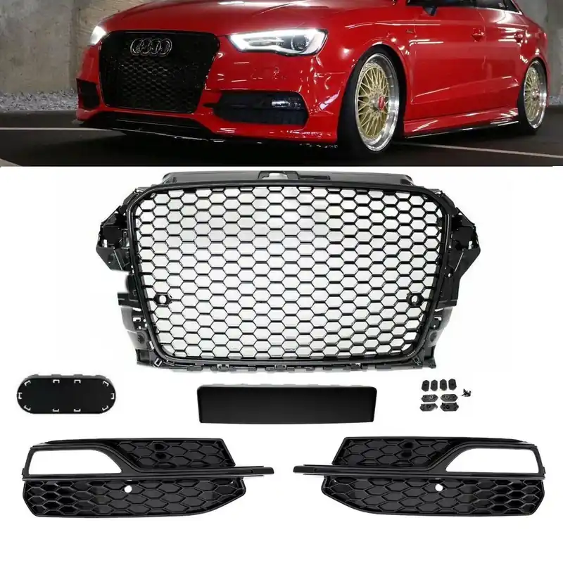 Markenware Set Badgeless Front Grille Grille Honeycomb Black Gloss +fogs cover fits Audi A3 8V 12-16 S-line