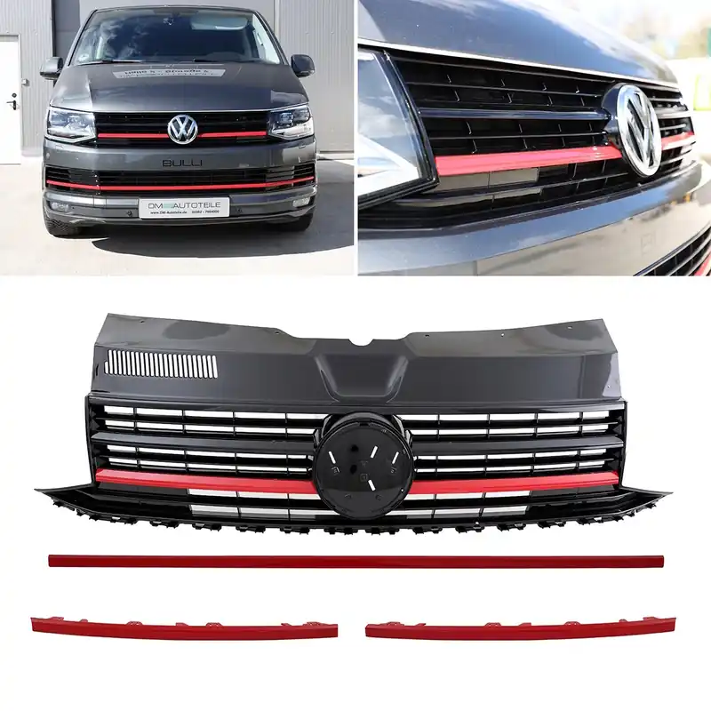 Sichere Zahlung Set Kühlergrill für Emblem+ Leisten Stoßstange unten Hochglanz Schwarz / Rot passt für VW T6 alle Modelle 2015-2019 auch Sportline