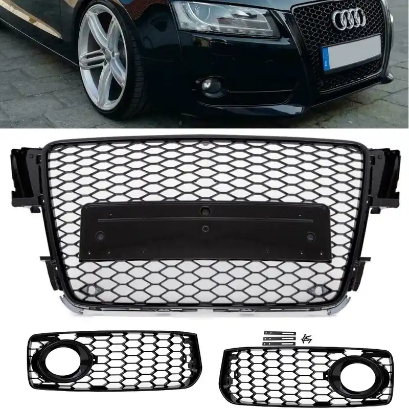 Kühlergrill Grill Wabendesign hochglanz Schwarz +Gitter Set passt für Audi A5 8T Baujahr 2007-2011 S-Line nicht RS5 Bestpreis